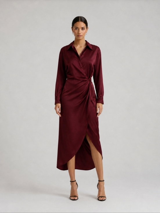 Astr Dresses & Skirts - Astr The Label | Satin Wrap Shirt Dress Burgundy NWT